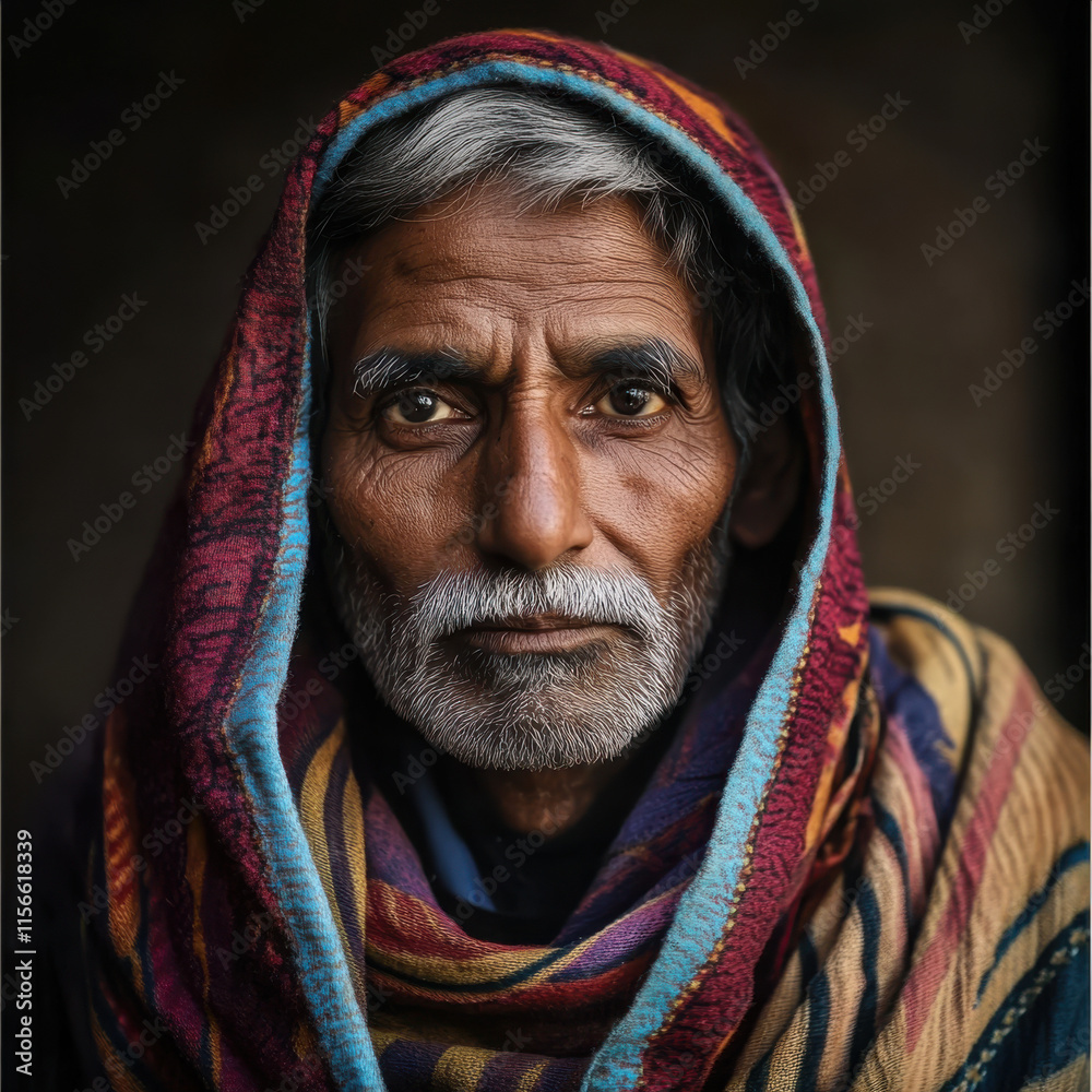 Portrait photo of a middle-aged man wearing a red headscarf Portrait photo of a middle-aged man wearing a red headscarf