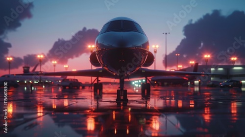 Private jet on wet tarmac at sunset.