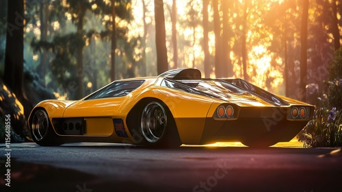 Golden Hour Supercar: A Classic Sports Car in a Forest Setting photo