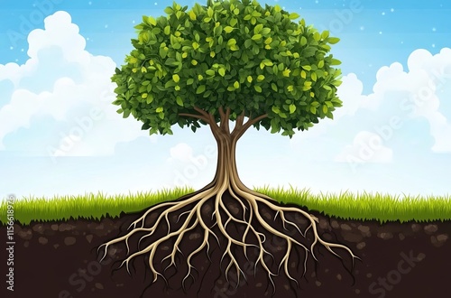 A tree with roots in the ground, a vector illustration in a cartoon style, with green grass in the background, a blue sky, and white clouds. The tree trunk is thick, with large leaves on top of it.