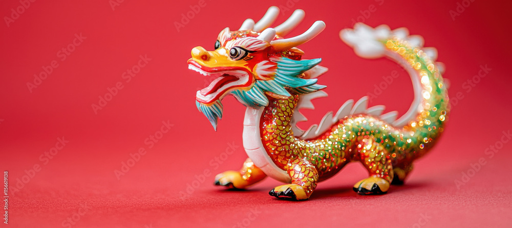 Obraz premium Colorful dragon figurine on glittery red background
