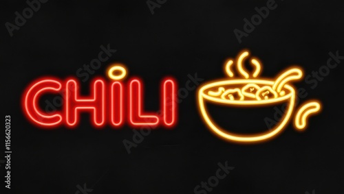 Wallpaper Mural neon glowing soup bowl and neon chili red text against black, lightning glowing neon chili text banner, neon chili restaurant banner, food thumbnail Torontodigital.ca