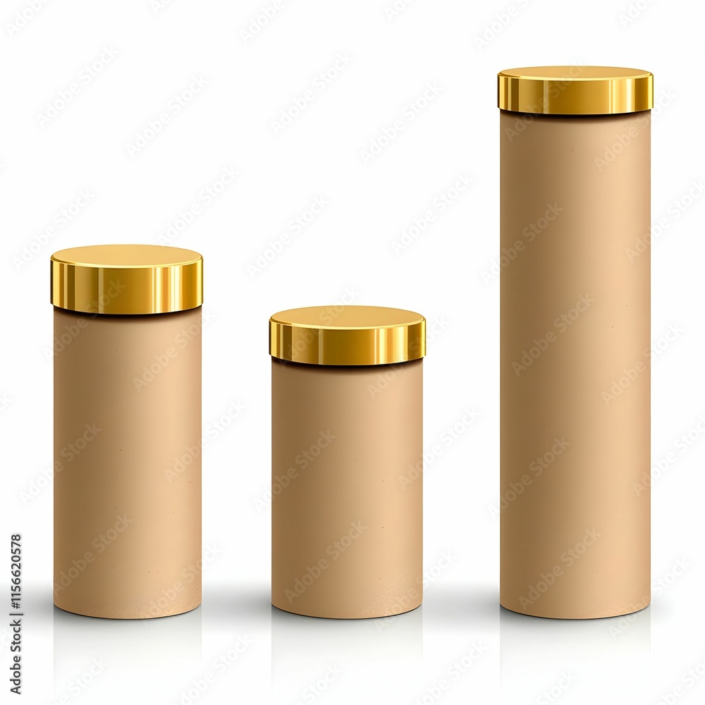 Three Minimalist Containers with Gold Lids on a White Background Three Minimalist Containers with Gold Lids on a White Background