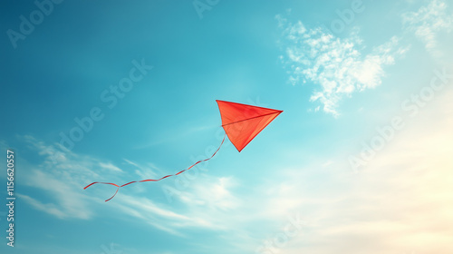 Red kite flying against blue sky. photo