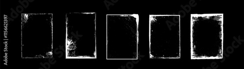 Grunge photo frame edges with distressed textured strokes for vintage or worn aesthetic in digital or print designs. Abstract old worn white border with cracks on black background with overlay effect.