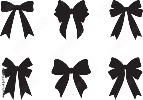 Black silhouette bow set. Collection bow designs in various styles and shapes, perfect for festive decorations and gift wrapping