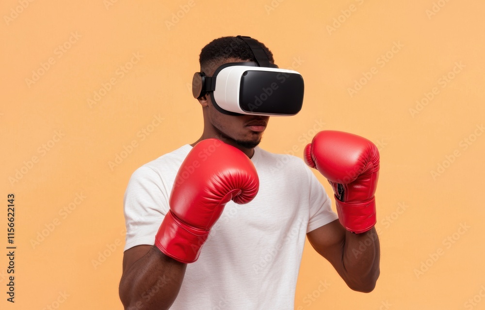 Young Man in Virtual Reality Headset Wearing Boxing Gloves Young Man in Virtual Reality Headset Wearing Boxing Gloves