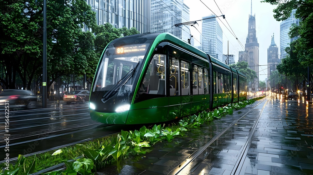 Fototapeta premium Green Tram on Rainy Street with Modern Cityscape and Trees