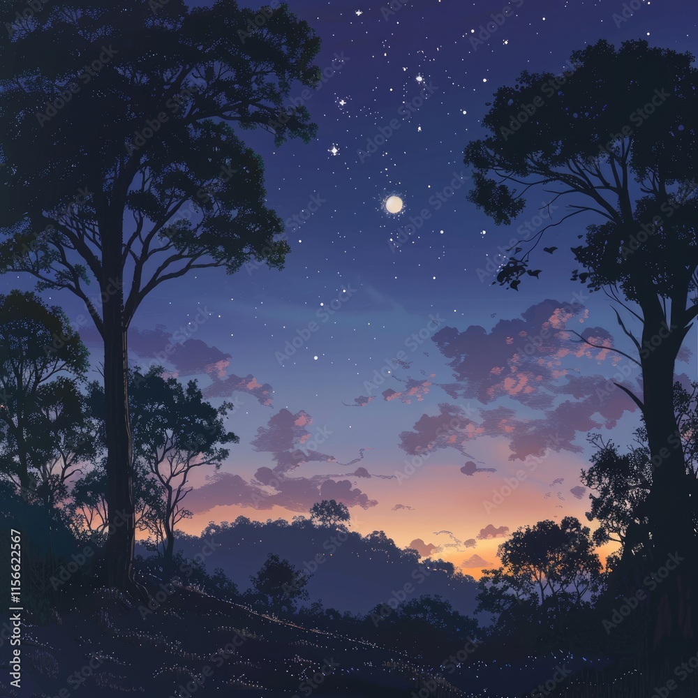 Fototapeta premium A serene twilight landscape with silhouetted trees and a starlit sky.