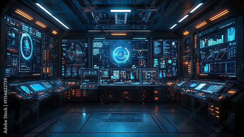 Futuristic Control Room Filled With Advanced Technology Screens Futuristic Control Room Filled With Advanced Technology Screens