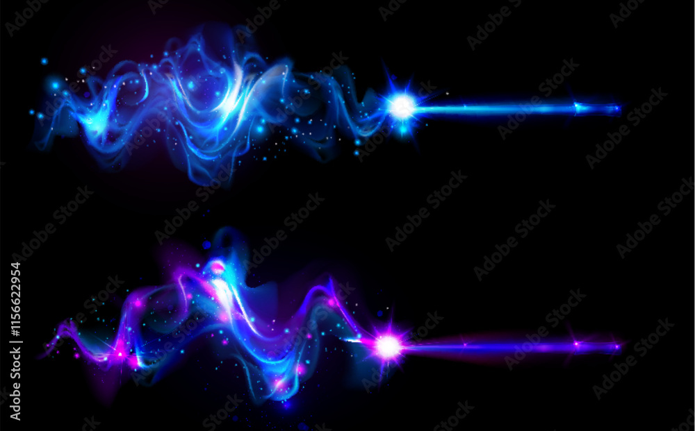 Magic wand sparkle trails with luminous blue and purple energy waves. Mystical glowing effect with starry particles and bright beam streaks on dark background. Fantasy spell casting visual impact.