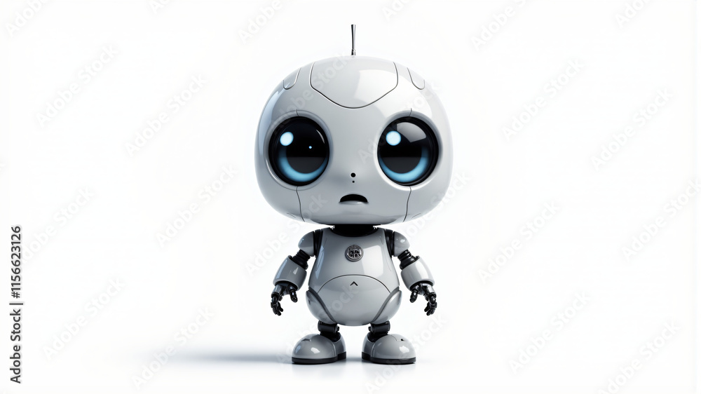 A charming robot character featuring a smooth silver finish and large blue eyes, exuding cuteness. A charming robot character featuring a smooth silver finish and large blue eyes, exuding cuteness.