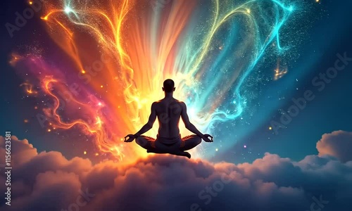 energy rising through chakras leading to explosion of colors into the sky