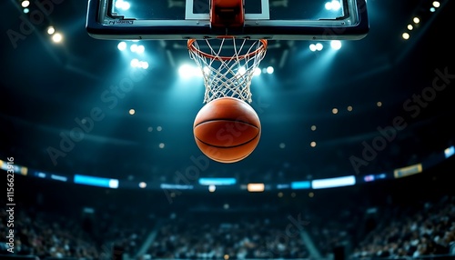 Low angle view of A basketball ball floating below a basketball hoop in court arena with spectacles in stadium against spotlight in the background, sports concept	