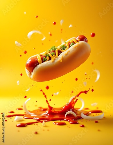 A sausage hotdog floating in mid-air, with onion and tomatoes sauce explosion against yellow background, food and snack, food product photography for advertisement photo