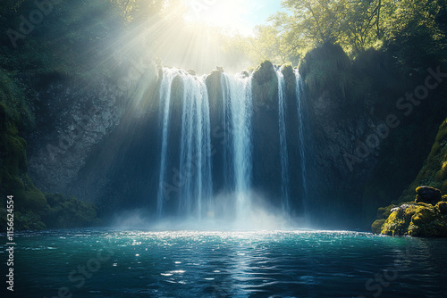 Beautiful waterfall in the sun. Natural landscape with a waterfall, rock and bay illuminated by the bright sun. Natural background photo