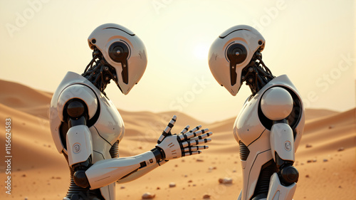 Two humanoid robots with sleek white designs interact in a vast desert landscape.