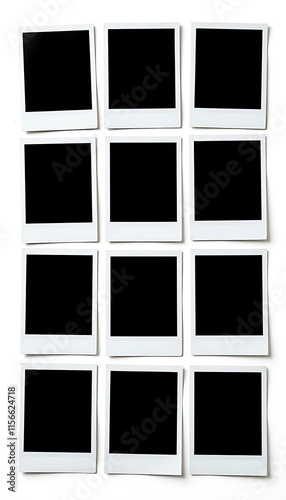 Twelve blank polaroid photo prints arranged on white background