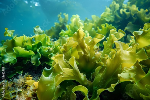 Undaria pinnatifida seaweed growing underwater in sunlight