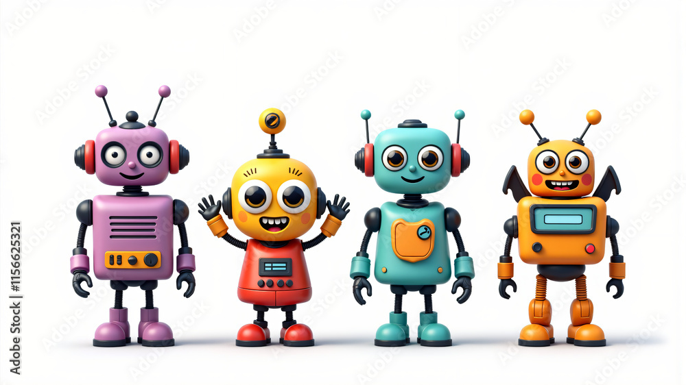 Fototapeta premium These playful cartoon robots showcase vibrant colors and distinctive characteristics, appealing to all ages.