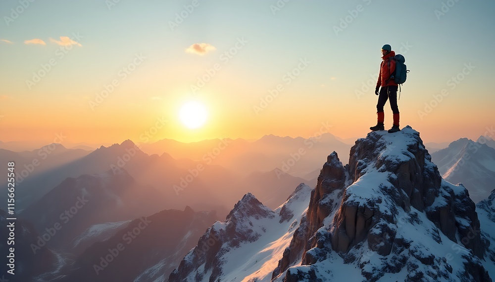 A hiker standing on the snow-covered mountain summit against sunlight sky, travel concept A hiker standing on the snow-covered mountain summit against sunlight sky, travel concept