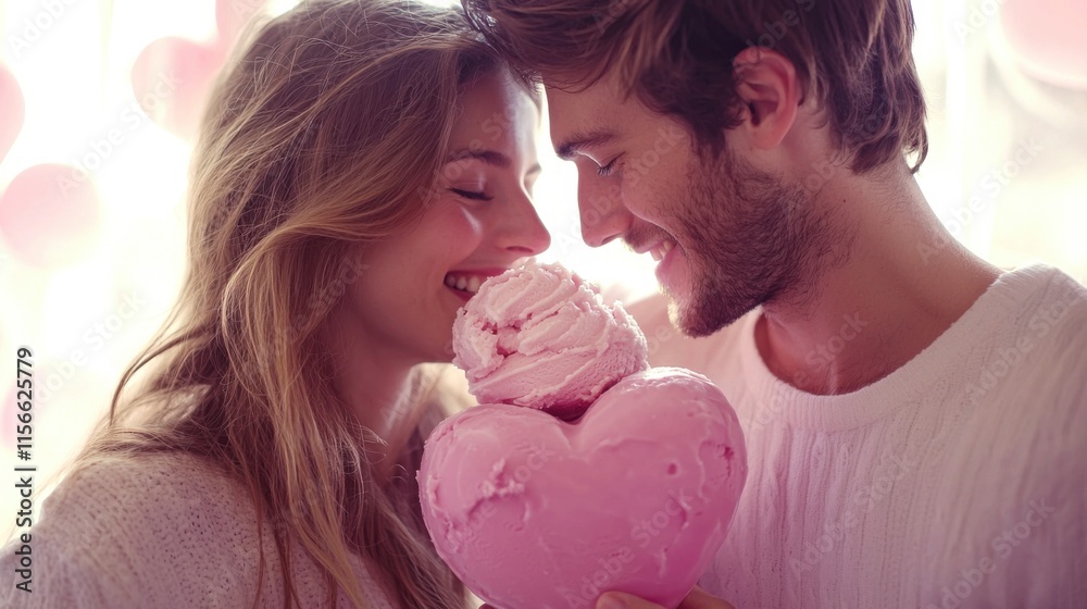 Valentine Ice Cream Concept Couple sharing a joyful moment with ice cream and a heart-shaped treat. Valentine Ice Cream Concept Couple sharing a joyful moment with ice cream and a heart-shaped treat.
