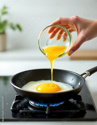 Hand pouring raw egg in a hot frying pan in the kitchen photo