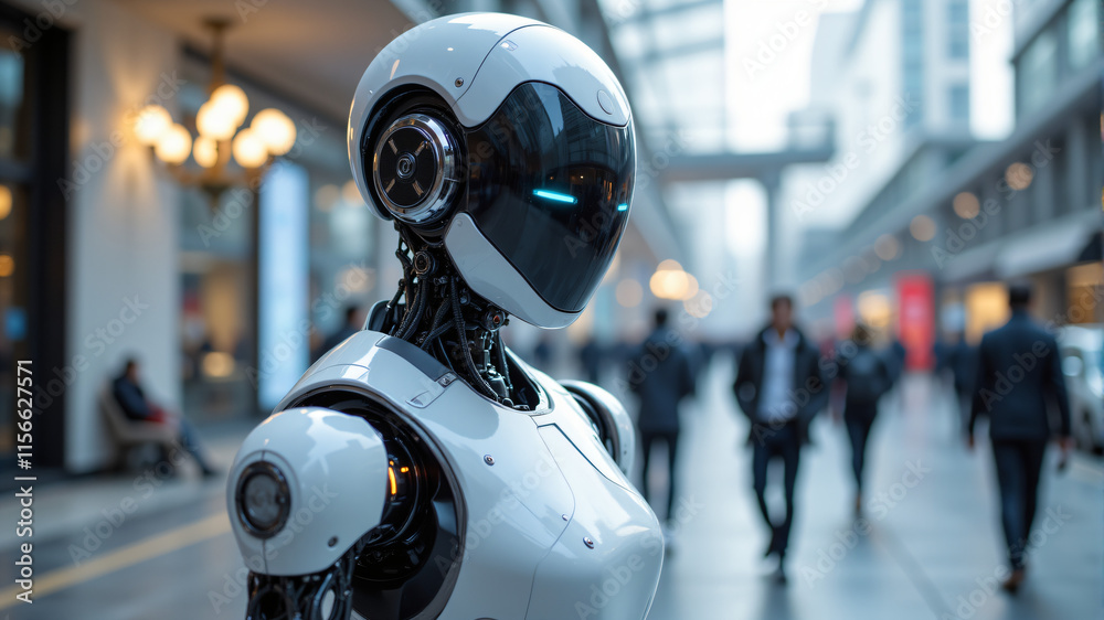 A sleek, white robotic figure with glowing blue accents standing in a modern urban environment. A sleek, white robotic figure with glowing blue accents standing in a modern urban environment.