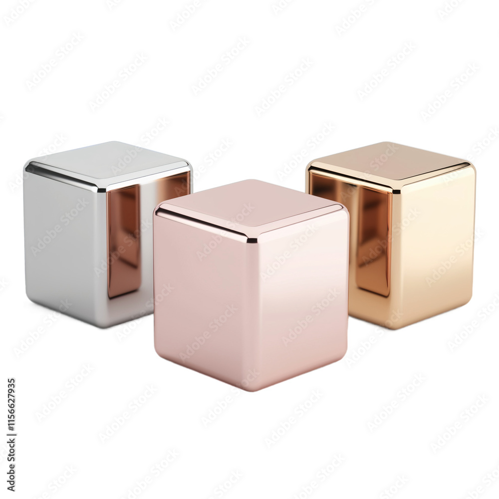 Three glossy cubes in silver, rose gold, and yellow gold colors, showcasing modern design and sleek finishes.