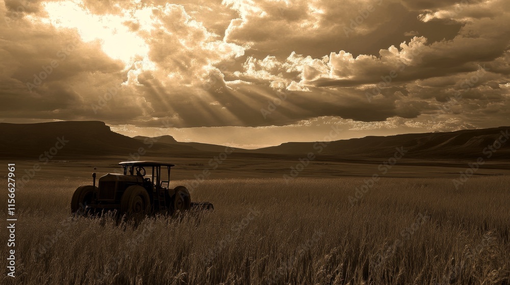 Serene Harvesting Scene with Soft Light and Sepia Tones Serene Harvesting Scene with Soft Light and Sepia Tones