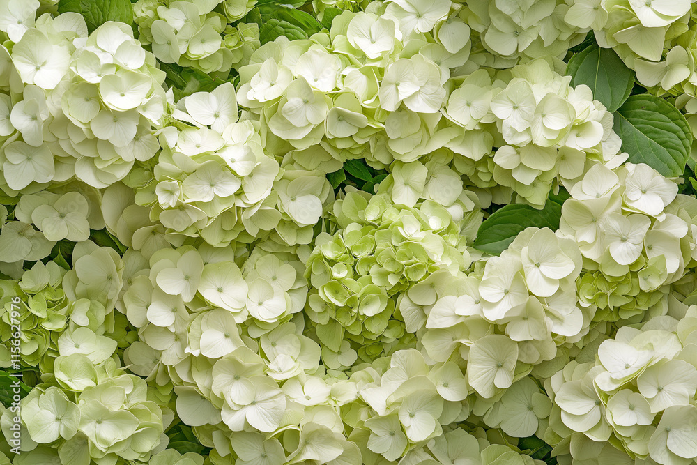 A mesmerizing close-up of delicate white and green hydrangea petals layered in abundance, exuding natural elegance and serene beauty A mesmerizing close-up of delicate white and green hydrangea petals layered in abundance, exuding natural elegance and serene beauty