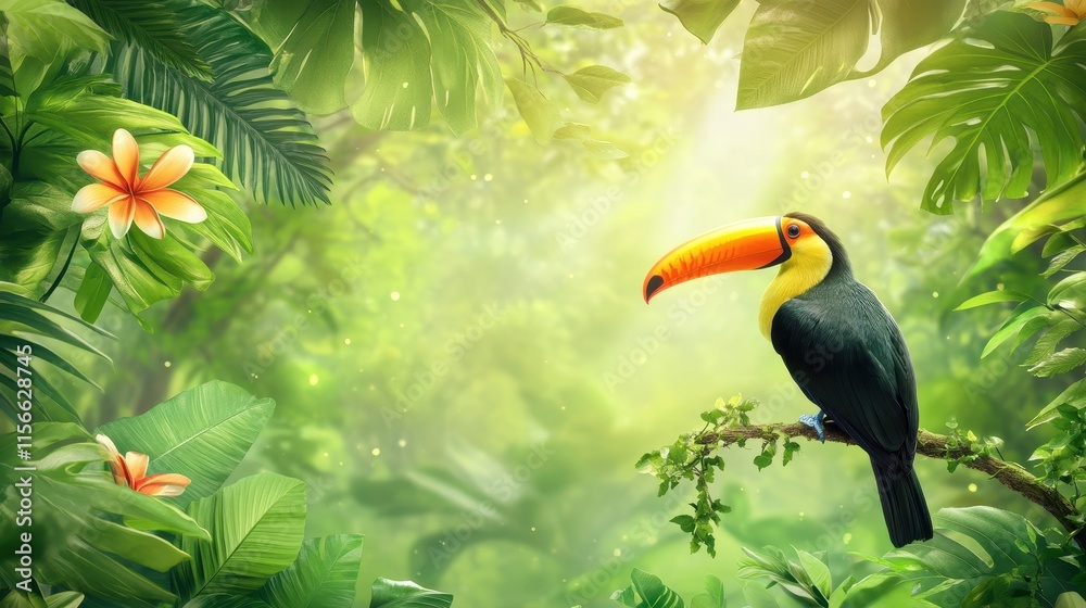 Naklejka premium Toucan perched on branch amidst lush tropical foliage