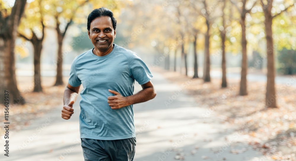 Active lifestyle and autumn fitness: middle-aged indian man jogging in park
