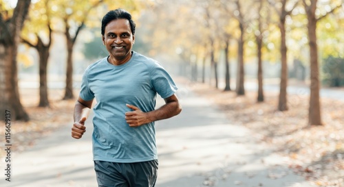 Obraz na płótnie Active lifestyle and autumn fitness: middle-aged indian man jogging in park w salonie