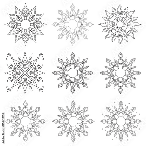 Sun Moon symbols as a face inside ornate mandala. Round pattern. Vintage decorative vector illustration isolated on white. Hand drawn. Retro style card design. Coloring book for kids and adult.
