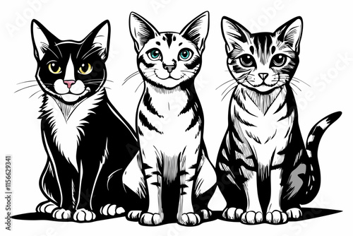 black and white funny three cats hand drawn sketch for painting book