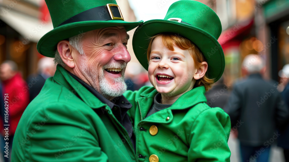 Portrait of a man in a gray beard in a green replecon costume and a green hat holding a happy child in his arms on a city street, St. Patrick's Day concept Portrait of a man in a gray beard in a green replecon costume and a green hat holding a happy child in his arms on a city street, St. Patrick's Day concept