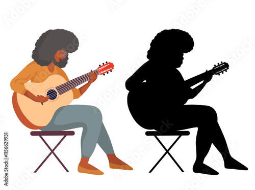 Vector set of flat illustration and black silhouette of African old woman playing the guitar isolated from background. Collection of pensioners musician. Hobbies and pleasant pastime on retired.