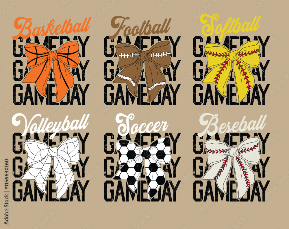 Fototapeta premium Coquette Game Day vector , Sports Coquette Bow Sublimation Design Bundle,