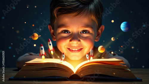 close up portrait of a boy reading a science fiction book about the planets and the solar system, concept science fiction day