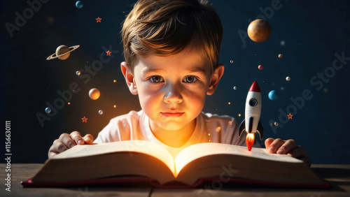 close up portrait of a boy reading a science fiction book about the planets and the solar system, concept science fiction day