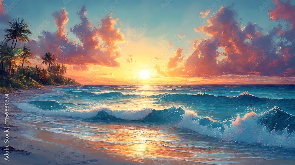 Fototapeta premium Serene Tropical Sunset Beach Scene With Palm Trees