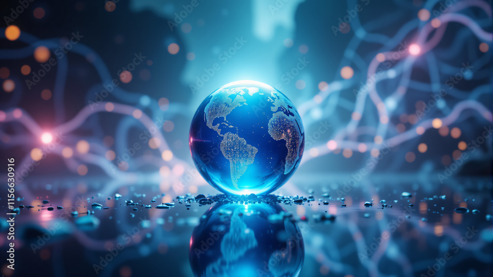 Fototapeta premium A stunning blue globe reflecting light, symbolizing global connectivity and technology advancement.