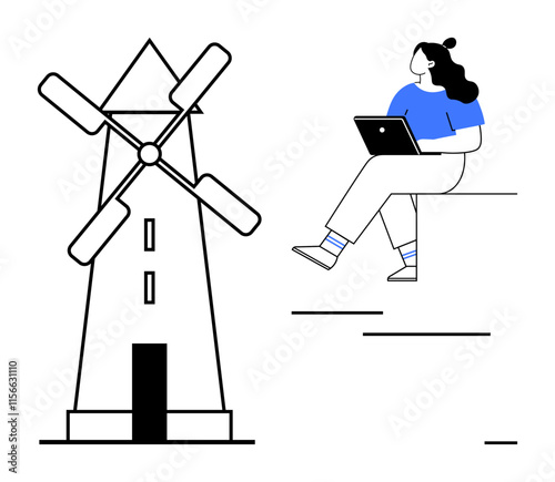 Woman seated on ledge with laptop next to windmill. Ideal for themes of remote work, technology, nature, sustainability, balance, modern lifestyle, and innovation. Line metaphor