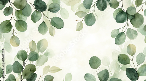 Fresh eucalyptus leaves frame soft, serene background