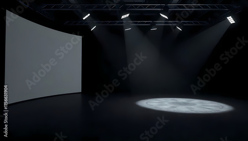 Black studio background with lights shining on the floor, black wall room with spotlights, edited illustration used for product display.