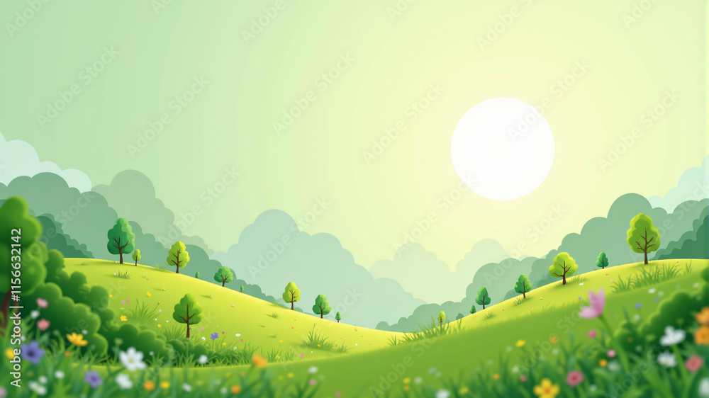 A serene landscape showcasing green hills under a bright sun, adorned with colorful flowers and trees. A serene landscape showcasing green hills under a bright sun, adorned with colorful flowers and trees.