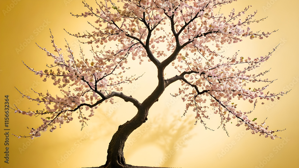 Fototapeta premium cherry blossom tree isolated on yellow background with copyspace