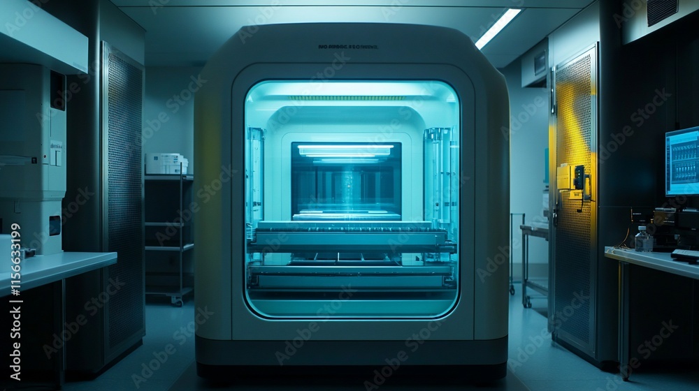 A futuristic lab with a sleek, illuminated chamber for scientific purposes. A futuristic lab with a sleek, illuminated chamber for scientific purposes.