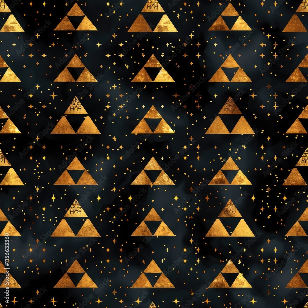 A pattern featuring golden triangles on a dark background with stars, ideal for graphic design. A pattern featuring golden triangles on a dark background with stars, ideal for graphic design.